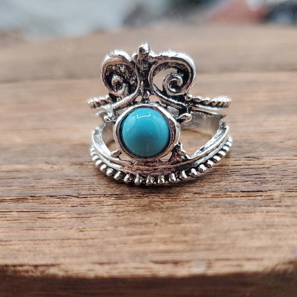 Turquoise Silver Tone Boho Ring - Women Jewelry Size 6 R822